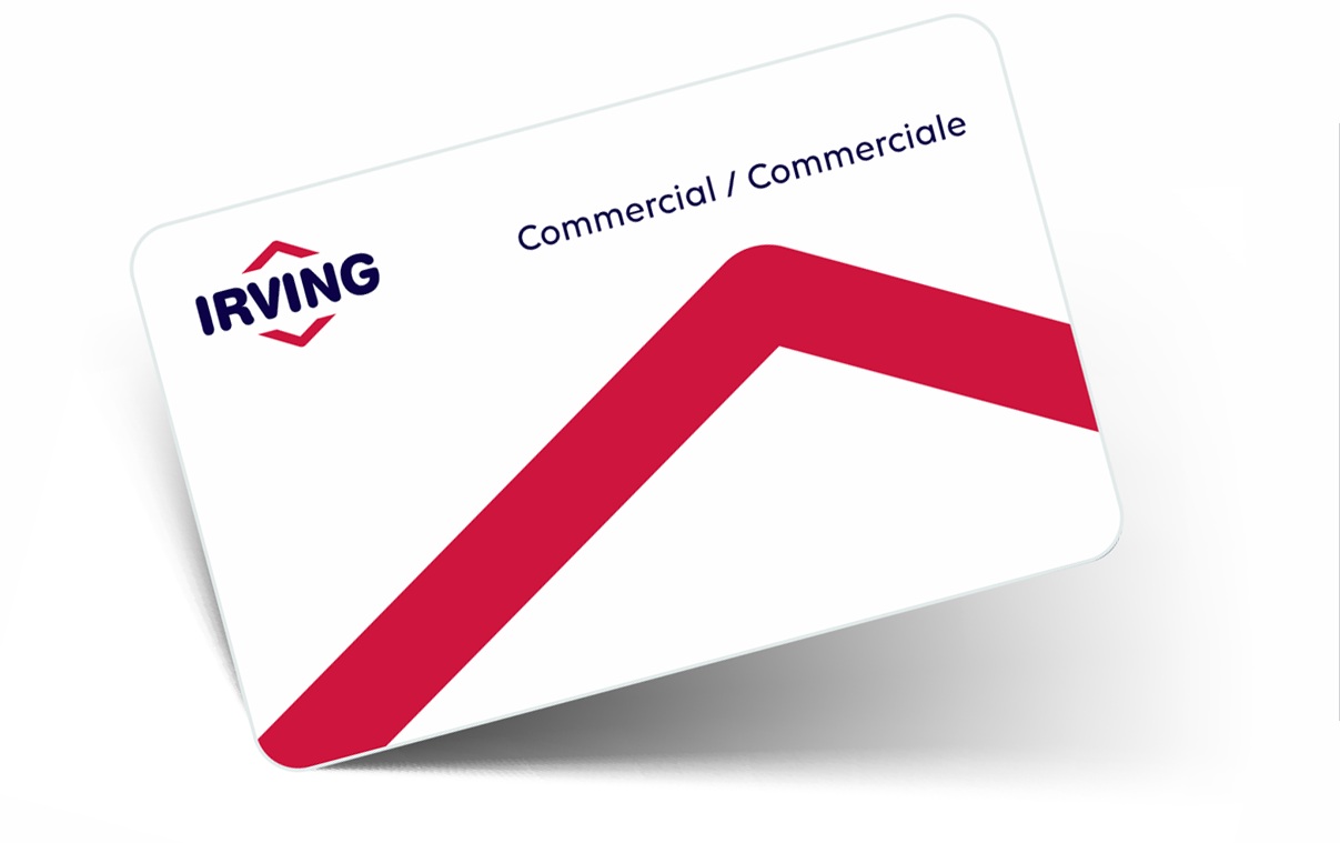 Irving Commercial Card displayed on a clean background with a half shadow of the card at the bottom.